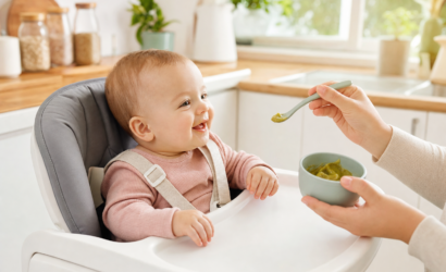 Mama sandalyesinde güvenli şekilde oturan bebeğe ek gıda sunulması