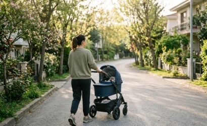 Bebek arabasıyla açık havada hafif tempoda yürüyen doğum sonrası dönemde ebeveyn